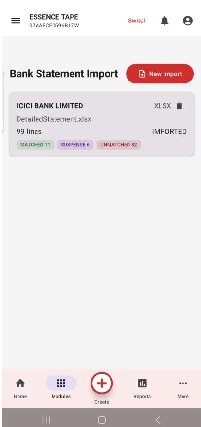 Actual Ganak360 bank statement import screen showing matched, suspense and unmatched transaction counts